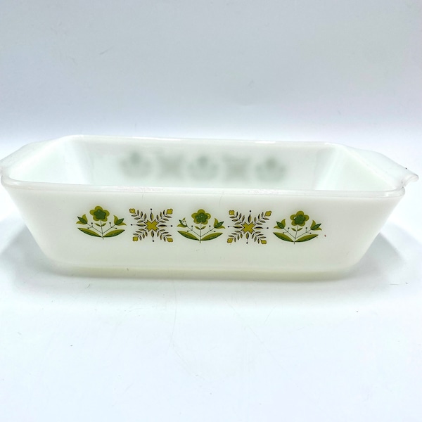 Anchor Hocking Fire King Meadow Green 1 Qt. Bread Pan, Milk Glass, Bakeware, Green Flower Flowers, Yellow, Gold, Floral Baking Dish