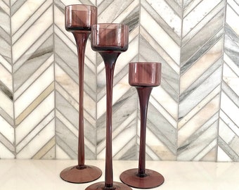 Vintage Wedgewood Amethyst Glass Candle Holders, Tall Pedestal, Set of 3, Brancaster Tealite Candlesticks, Purple Retro Glassware