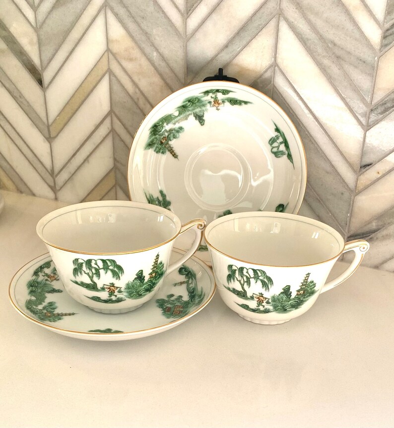 Narumi Green Willow Cup and Saucer Sets, Footed Tea Cups, Sets of 2 Each, Vintage Mid Century, Pagoda, Willow Trees, Ancient Asian Theme