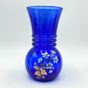 Vintage Hand Painted Blue Glass Vase, White and Gold Flowers and Leaves, Royal Cobalt Blue, Vintage Glassware image 1