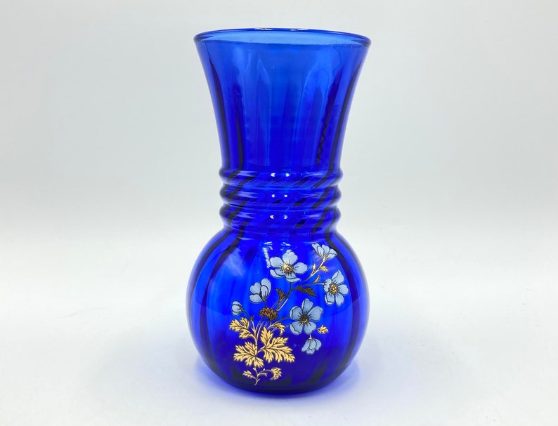 Vintage Hand Painted Blue Glass Vase, White and Gold Flowers and Leaves, Royal Cobalt Blue, Vintage Glassware image 1