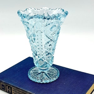 Vintage Imperial Glass Ice Blue Vase, Hobstar with Sawtooth Rim, Cut Glass Footed Vase, MCM 50s Glassware image 1