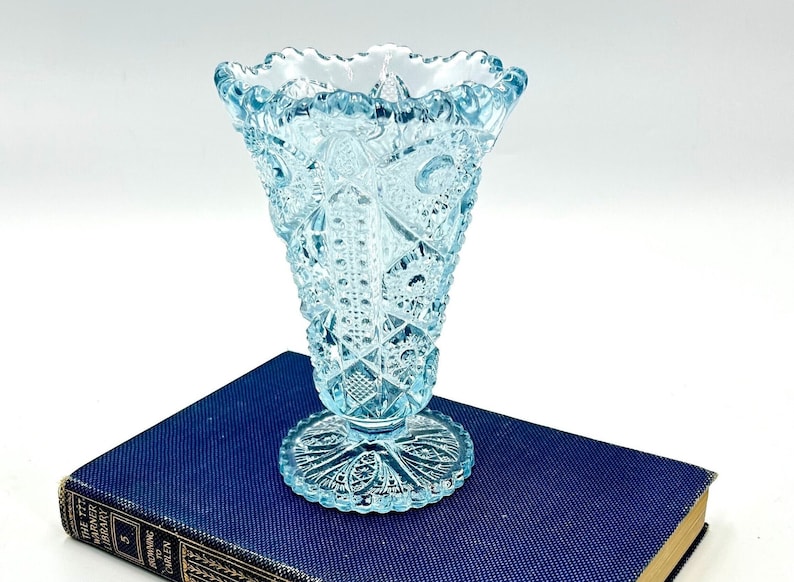 Vintage Imperial Glass Ice Blue Vase, Hobstar with Sawtooth Rim, Cut Glass Footed Vase, MCM 50s Glassware image 1