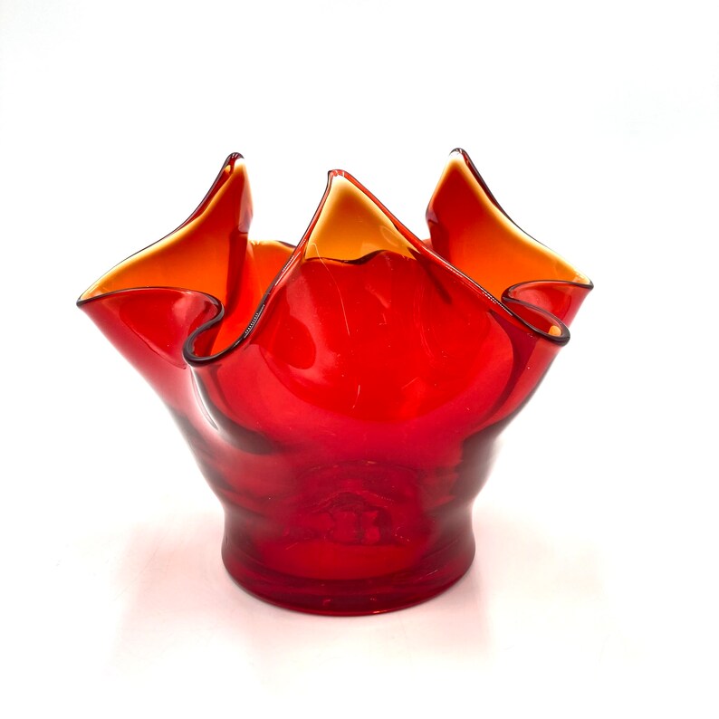 Vintage Bischoff Red Amberina Art Glass Handkerchief Vase, Ombre Orange Red, Retro Glassware Bowl Compote, Art Glass image 2