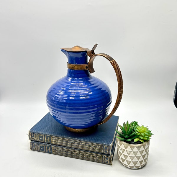 Vintage Bauer Ring Ware Pottery Delft Blue Carafe Pitcher with Copper Raffia Handle and Lid, Art Deco California Pottery "Bauer Los Angeles"