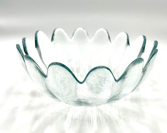 Vintage Blenko Glass 6184L Clear Scalloped Bowl, 10" Textured Large Bowl, 14 Petal Lotus Style Wayne Hustad Glassware