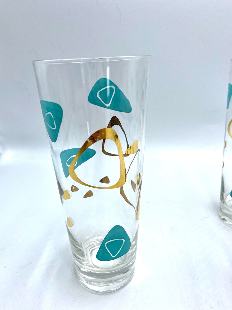 Federal Glass MCM Boomerang Capri Glasses, One 1 Water Tumbler, Turquoise Blue & Gold Drinkware, Barware Iced Tea Glasses are Sold: image 6