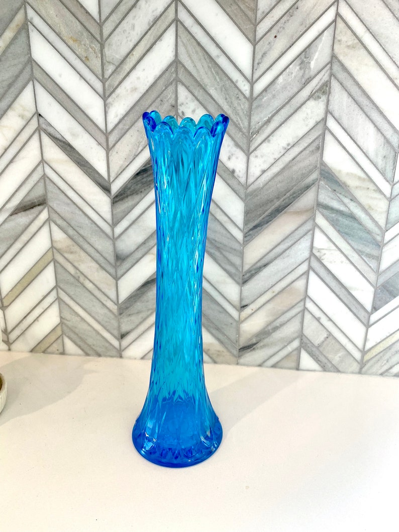 Vintage Jefferson Glass Diamond and Thumbprint 228 Stretch Blue Vase image 1