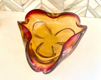 Vintage Murano Glass Amber and Red Bowl, Triangle Art Glass, Retro Glassware, Amberina Cigar Cigarette Ashtray
