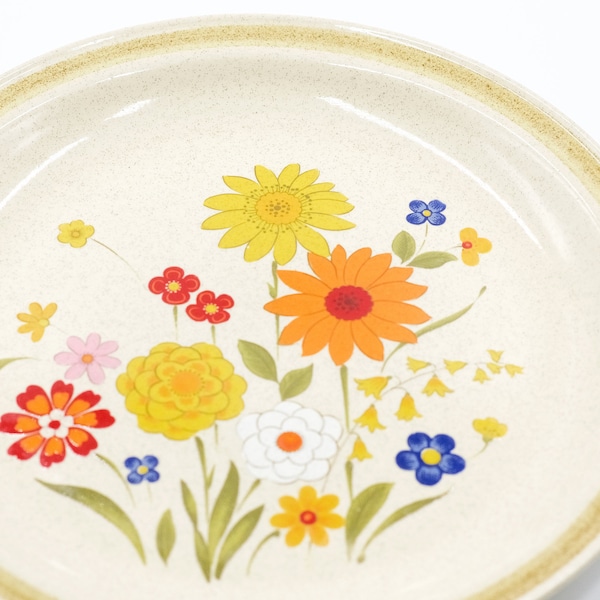 Retro Stoneware Fiesta Dinner Plates, Set of 2, International China Co., Montgomery Ward, Japan, Bright Flowers, Floral, Vintage Dinnerware