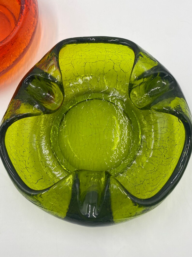 Viking Crackle Glass Retro Ashtray, Green Ashtray Left Orange has sold, Retro Vintage Glassware, Display Bowl, Bowls, Ashtrays image 3