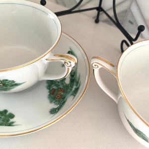 Narumi Green Willow Cup and Saucer Sets, Footed Tea Cups, Sets of 2 Each, Vintage Mid Century, Pagoda, Willow Trees, Ancient Asian Theme image 4