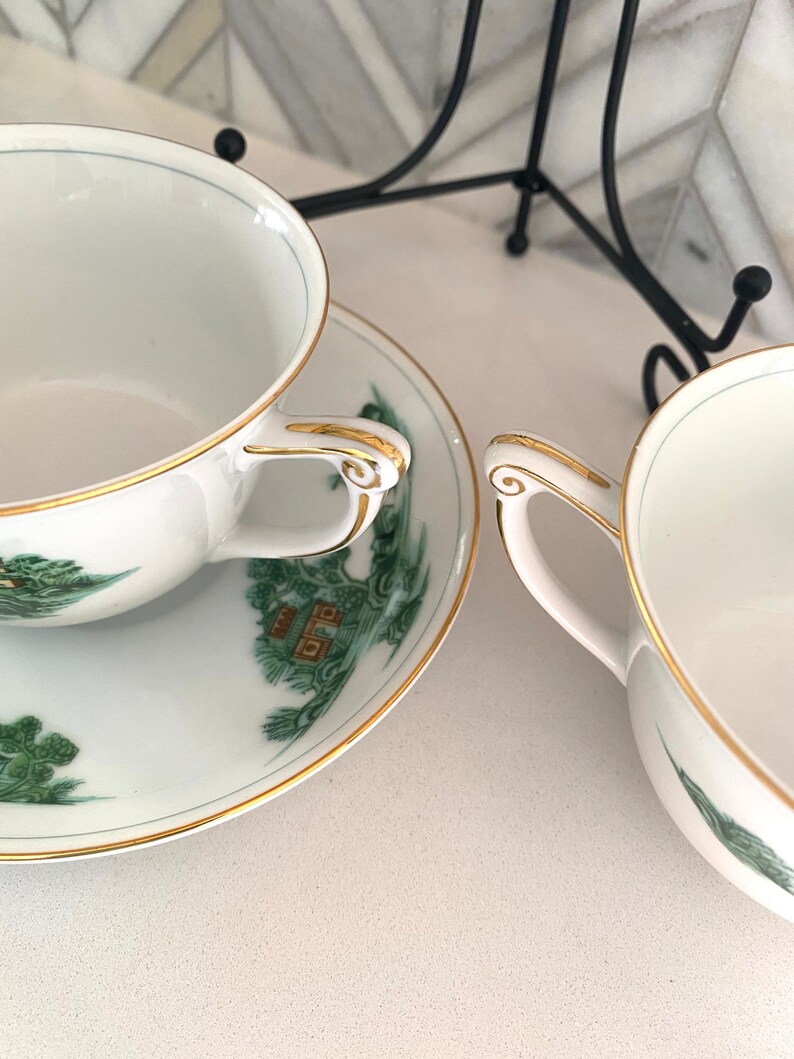 Narumi Green Willow Cup and Saucer Sets, Footed Tea Cups, Sets of 2 Each, Vintage Mid Century, Pagoda, Willow Trees, Ancient Asian Theme image 4