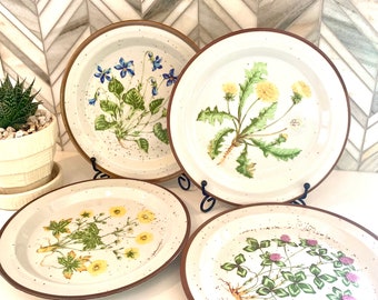 Vintage Speckled Wild Flower Mugs and Plates, Made in Japan, Buttercup, Violet, Daisy, Dandelion, Sweet Clover, 70s Retro Plate and Cup