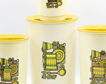 Vintage Retro-Themed Kitchen Canisters, Set of 4, Yellow Green Canister, 70s 80s Kitchen Storage Decor