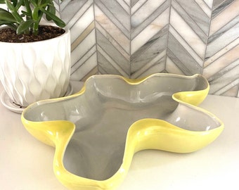 Red Wing Yellow and Gray Grey Abstract Atomic Console Bowl, No. 1407, Belle Kogan Design, Vintage, Mid Century Chartreuse Dish, Art Pottery