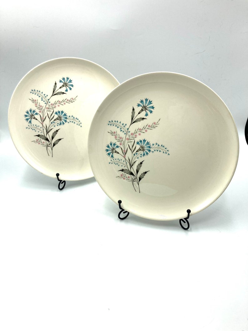 Taylor Smith Taylor Versatile Dinner Plates 2, Bowls 2, Blue Carnation Plate, Pink Gray Flower Flowers, Silver Trim, Mid Century, TST117 image 3
