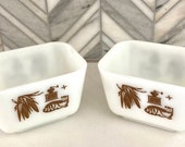 PYREX EARLY AMERICAN Covered Refrigerator Dishes, 501, 1 1 2 Cup, Ovenware, Corn Stalks, Grinder, Coffee, Cat, Kitten, Brown Vintage