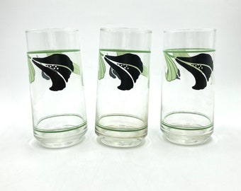 80s Black and Green Orchid Lilly Water Tumbler Glasses (3) Highball Cocktail Glass, Vintage Art Deco Style  Retro Glass, Barware, Drinkware