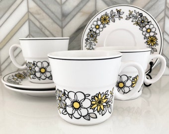 Vintage Noritake Tressa Cup and Saucer Sets, 3 Cups & 3 Saucers, Progression China, Japan, 9029 Black White Yellow Flowers, Daisies, 70s