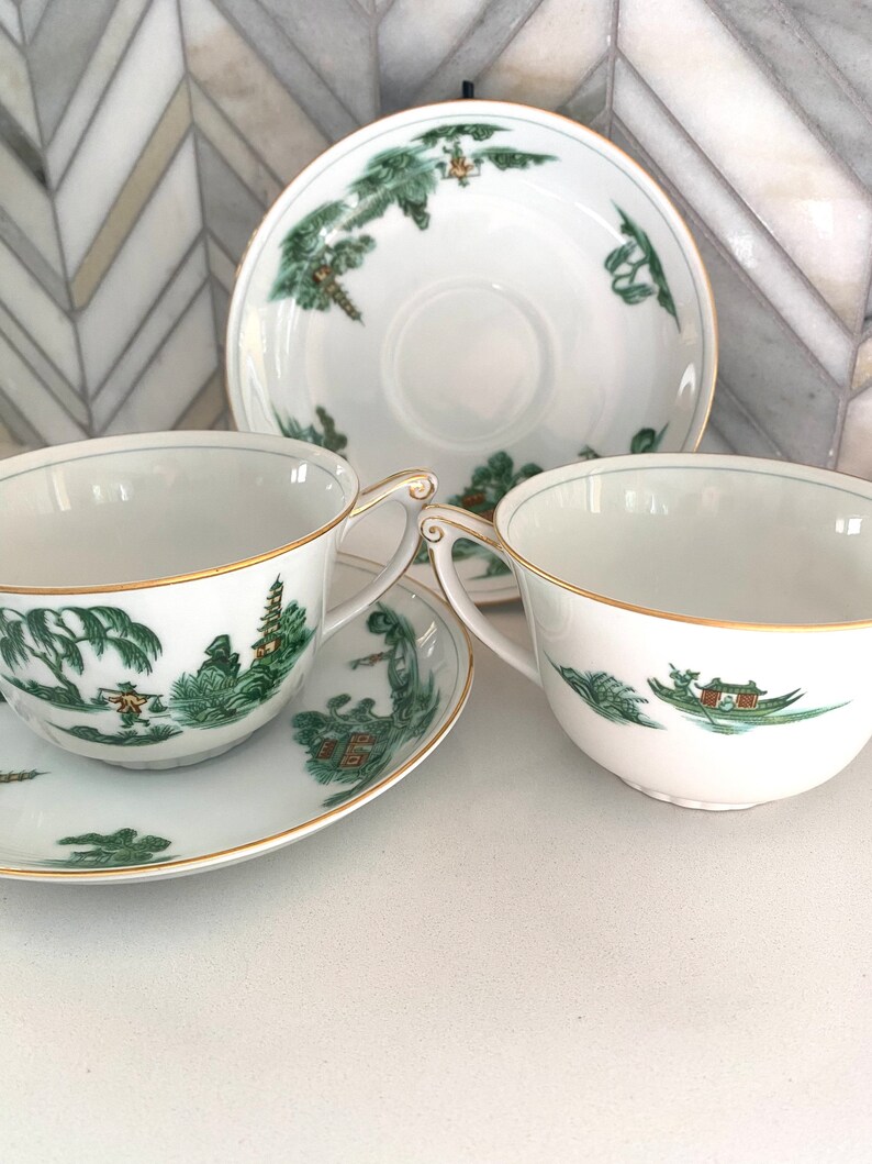 Narumi Green Willow Cup and Saucer Sets, Footed Tea Cups, Sets of 2 Each, Vintage Mid Century, Pagoda, Willow Trees, Ancient Asian Theme