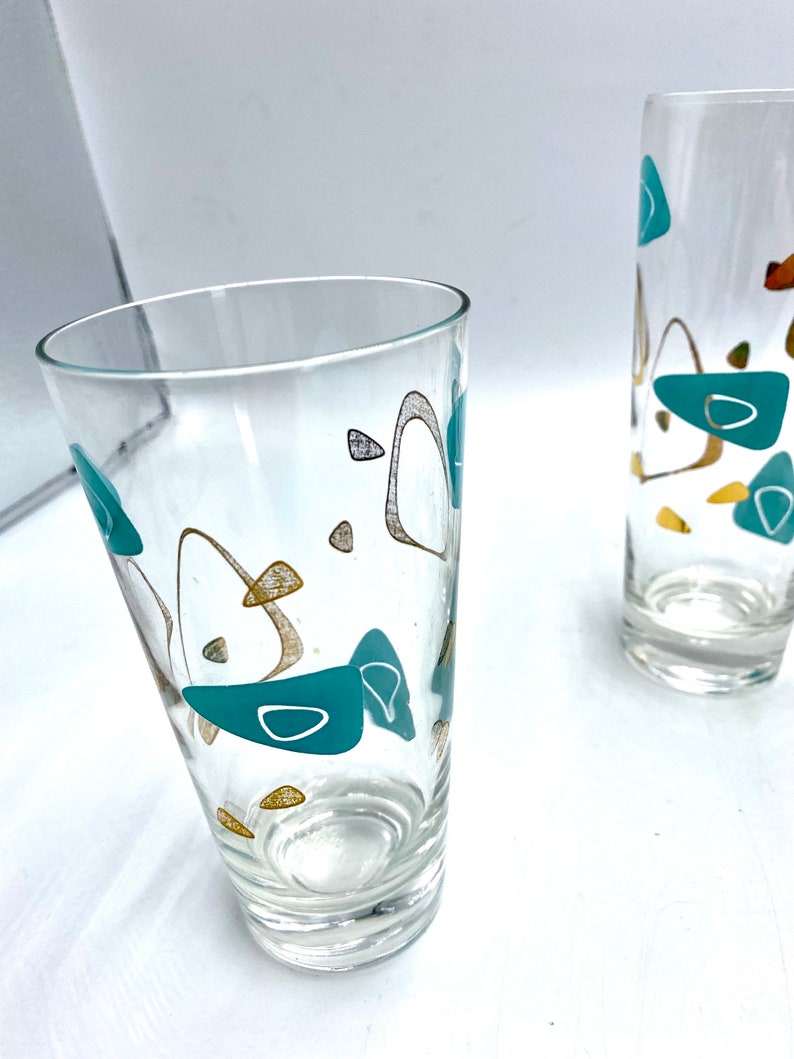 Federal Glass MCM Boomerang Capri Glasses, One 1 Water Tumbler, Turquoise Blue & Gold Drinkware, Barware Iced Tea Glasses are Sold: image 4