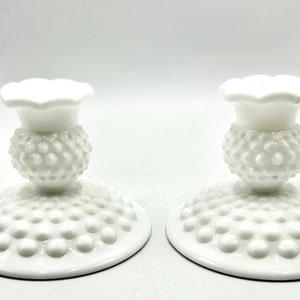 Fenton Hobnail White Milk Glass Candle Stick Holders, Vintage Glassware
