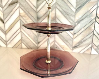 Vintage Hazel Atlas Amethyst Glass Moroccan 2-Tier Plate Tray with Chrome Handle, Vintage Purple Glassware