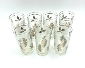 Libbey Frosted Silver Leaf Glasses, Vintage Tumblers, Mid Century Water Glass, Cocktail Glass, Retro Bar, Barware, Drinkware, Set of 7