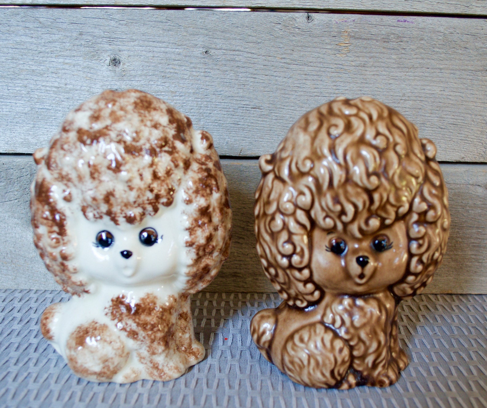 Vintage Ceramic Poodle Figurines Big Eyes Brown White Beige Etsy
