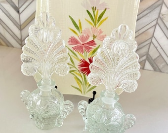 Art Deco Clear Glass Perfume Bottles, Set of 2, Imperial Glass, Flower Motif, Scent Stopper, Tree Style, Vintage Glass Beauty, Vanity Decor