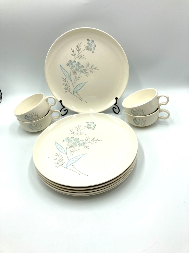 Royal Stetson "Royal Maytime" Dinner Plates (6) and/or Mugs Cups (4), Mid Century, Light Blue Button Flowers, Gray and Turquoise Leaves, MCM
