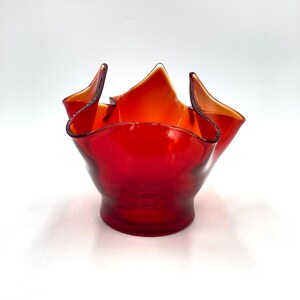 Vintage Bischoff Red Amberina Art Glass Handkerchief Vase, Ombre Orange Red, Retro Glassware Bowl Compote, Art Glass image 5