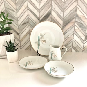 NORITAKE Oriental Pattern, Fruit Dessert Bowls, Set of 2, No. 6341, Green and Gold Bamboo Stalk, Gold Trim, Mid Century, Vintage Dinnerware