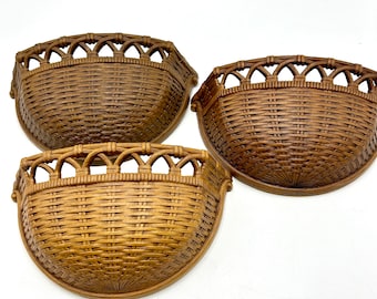 Vintage Homco 70s Burwood Wall Pocket Baskets, Set of 3, Basketweave, Wall Decor Hangings, Planters, Brown Wicker Style, 1978 Home Decor