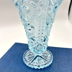 Vintage Imperial Glass Ice Blue Vase, Hobstar with Sawtooth Rim, Cut Glass Footed Vase, MCM 50s Glassware image 4