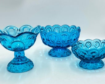 L E Smith Glass Blue Moon and Stars Compote, Pedestal Bowl, Candy Dish, Ruffled Scalloped Rim, Vintage Glassware