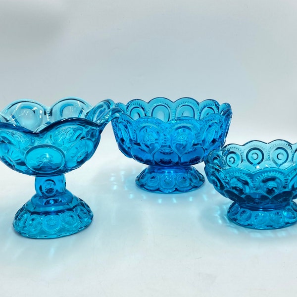 L E Smith Glass Blue Moon and Stars Compote, Pedestal Bowl, Candy Dish, Ruffled Scalloped Rim, Vintage Glassware