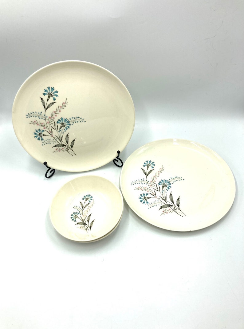 Taylor Smith Taylor Versatile Dinner Plates 2, Bowls 2, Blue Carnation Plate, Pink Gray Flower Flowers, Silver Trim, Mid Century, TST117 image 2