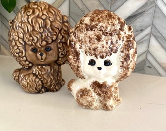 Vintage Ceramic Poodle Figurines, Big Eyes, Brown White Beige Tan Curly Hair, Puppy Dog Statue, Figure, MCM Home Decor, 50s 1950s Pair