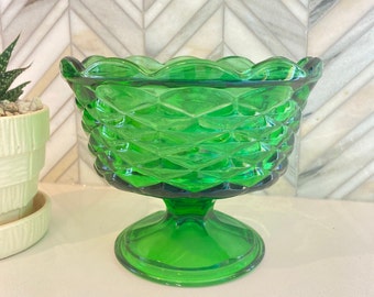 Indiana Glass Whitehall Emerald Green Glass Candy Dish, Compote Bowl, Pedastal, Diamond Pattern, Scalloped Edge, Vintage Glassware