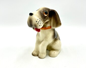 Vintage Ceramic Puppy Dog Figurine, Beagle, Made in Japan, Vintage Home Decor, Figure, Red Tongue, Red Collar, Brown, Cream with Black Nose