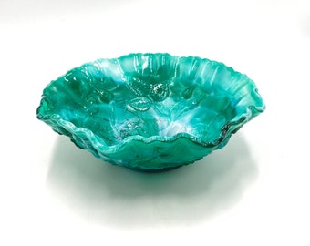 Vintage Imperial Glass Jade Green Slag Glass Rose Bowl, Pressed Glass, Open Rose Footed Bowl with Ruffled Edge