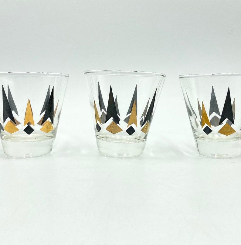 Anchor Hocking Golden Peaks MCM Shot Glasses, Short Set of 3, Gold Black Arrow, Diamond, Vintage Glassware, MCM Shot Glass, Barware image 7