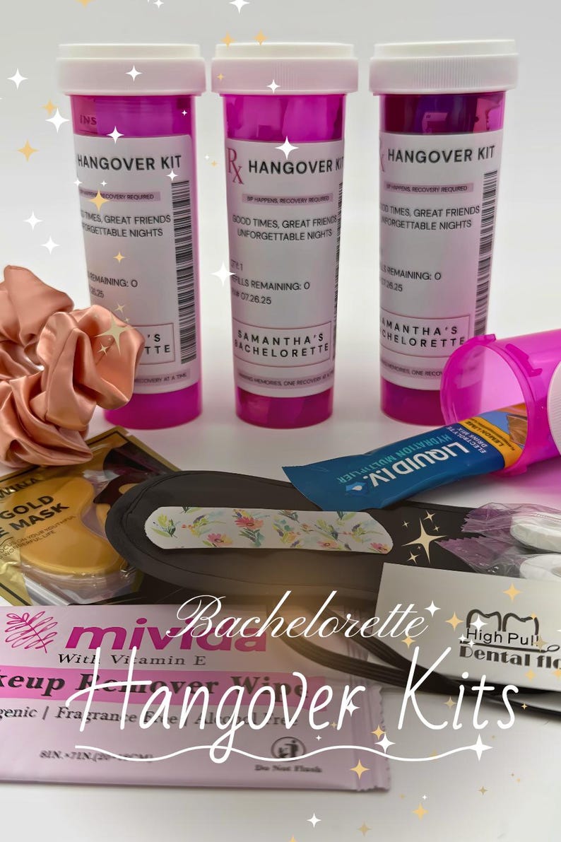 Custom Party Essential Kit Bachelorette Recovery Pack Morning After Collection Beauty Sleep Set Eye Care Pack Hair Accessories Hydration Kit Perfect Gift Set Wedding Celebration Essential Beautiful Personalized Design Custom Label Details