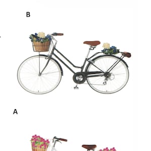May include: Four different styles of bicycles with baskets and flowers. The bicycles are in various colours, including blue, black, white, and orange.