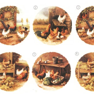 Könnte beinhalten: Ein Satz von acht Vintage-Illustrationen mit einem Hahn und Hühnern in einem Bauernhof-Setting. Die Illustrationen sind auf weißem Hintergrund gedruckt und eignen sich perfekt für Bastelprojekte.