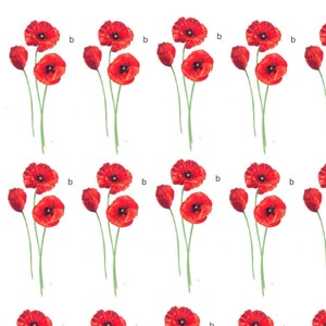 Op de afbeelding: Een digitale illustratie van 20 rode klaprozen met groene stelen en bladeren. De klaprozen zijn gerangschikt in vier rijen van vijf klaprozen.