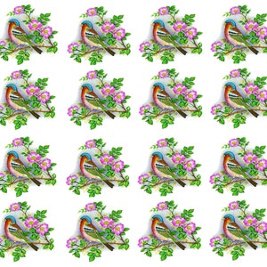 Könnte beinhalten: Ein sich wiederholendes Muster aus bunten Vögeln, die auf Ästen mit rosa Blüten sitzen. Die Vögel haben blaue Köpfe, braune Körper und grüne Flügel. Die Blüten sind rosa mit weißen Zentren. Der Hintergrund ist weiß.