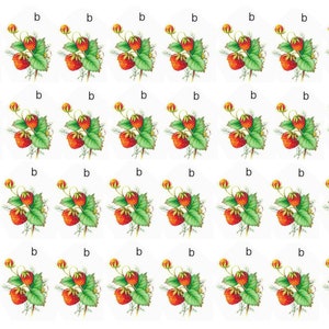 May include: A repeating pattern of red strawberries with green leaves on a white background. Each strawberry is depicted with a small yellow bud.